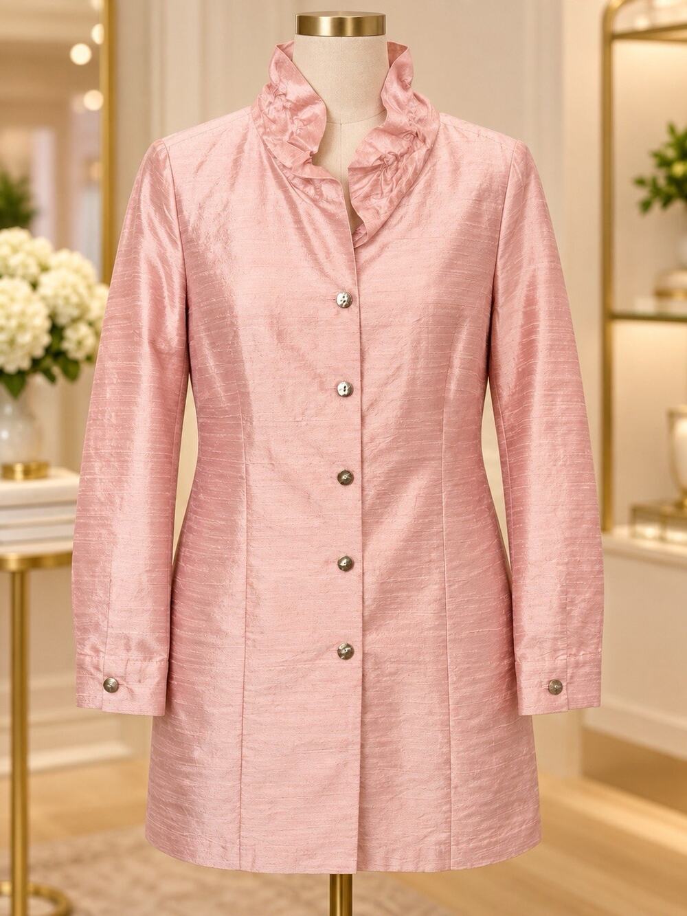 Patty Kim Silk Dupipni Tunic Blouse Size XS Elegant Pink Color Shift Button $198